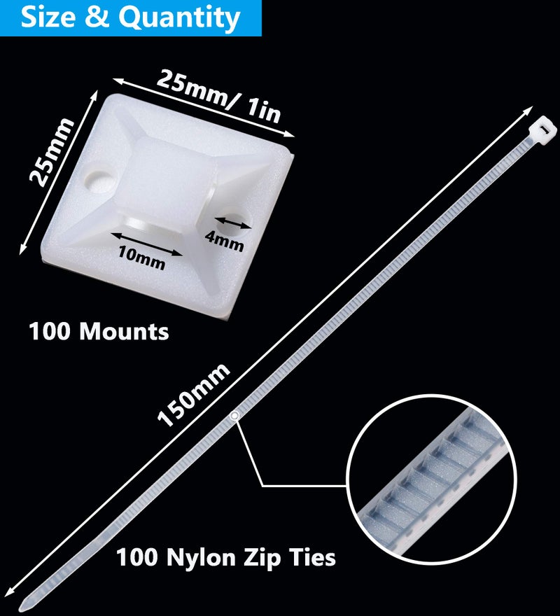 ALIGADO Cable Tie Mounts  Adhesive-Backed  1 Inch  for Cable Management  Cable Tie Anchors  100 Pack  White - Image 2